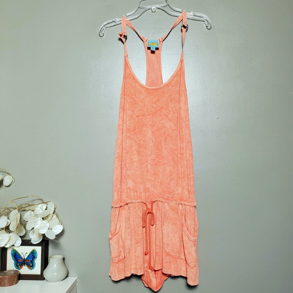 C&C Califonia Terry Knit Romper Size Medium Orange Sleeveless Racerback Pockets
